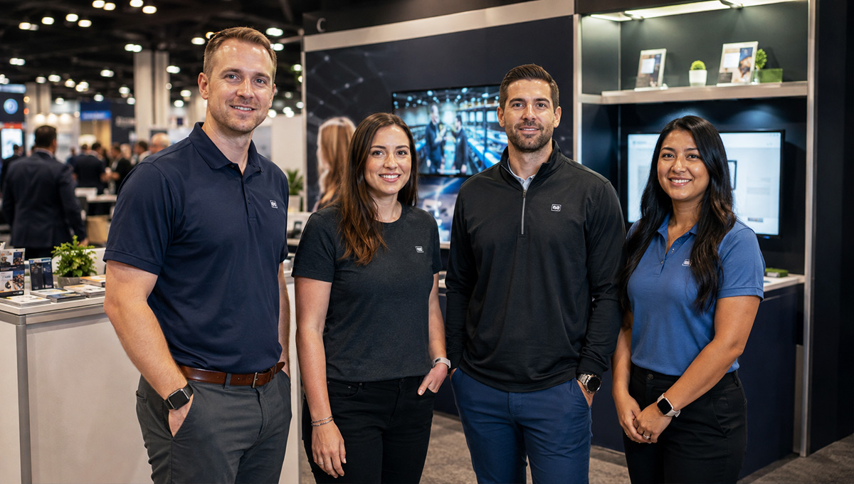 Small business trade show team wearing coordinated embroidered polos and branded apparel at a professional exhibit booth