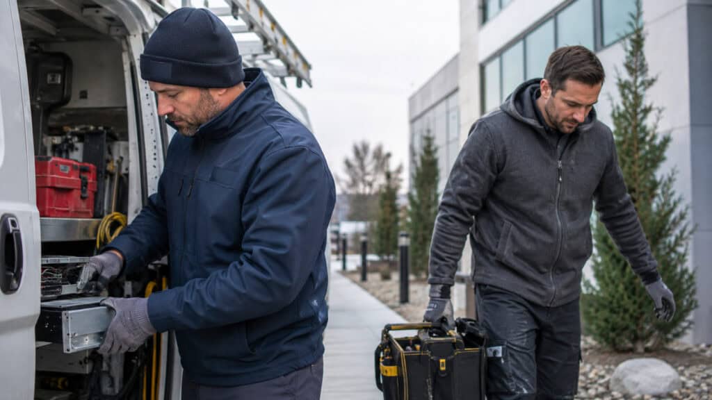 Business service team wearing coordinated branded-style hoodies, soft-shell jackets, and beanies for cold-weather work