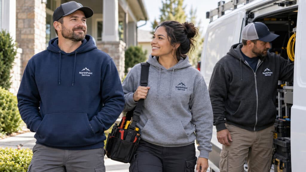 Employees wearing branded pullover and zip-up company hoodies at a service business