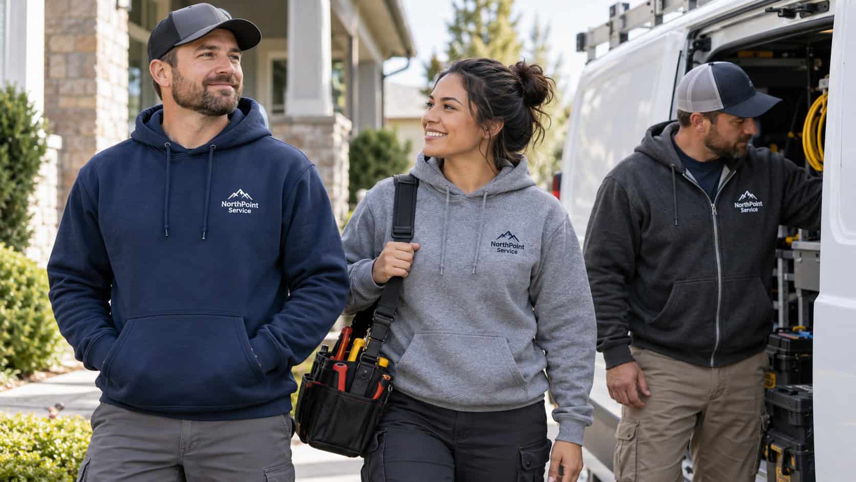 Employees wearing branded pullover and zip-up company hoodies at a service business