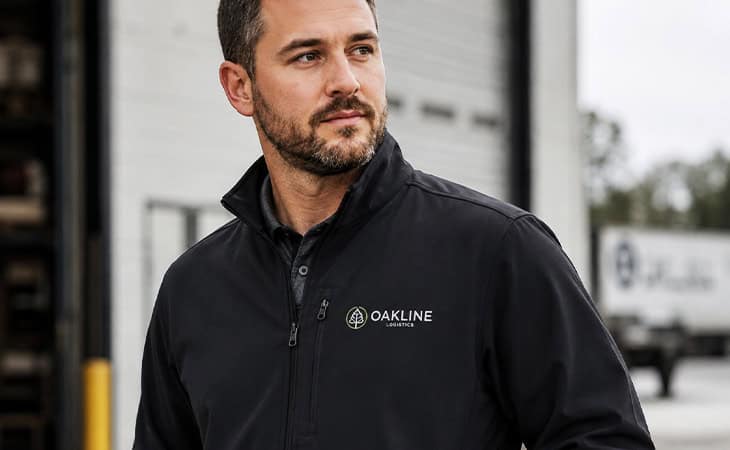 Employee wearing a black custom embroidered company jacket outside a commercial workplace