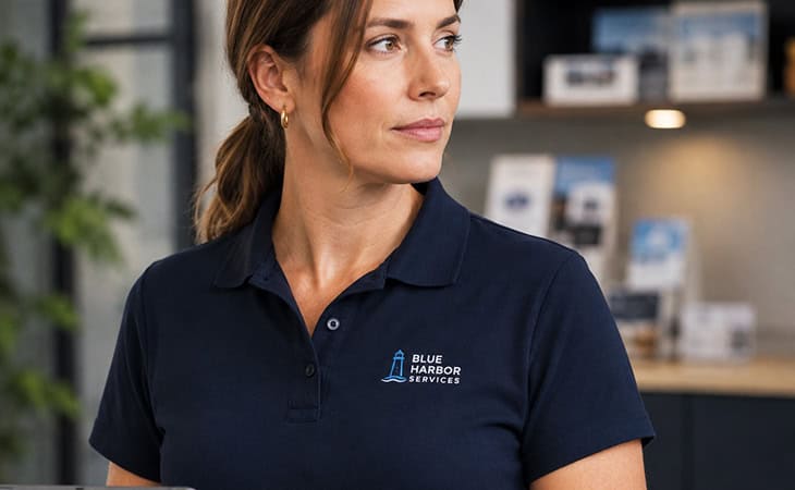 Woman wearing a navy custom embroidered company polo while holding a tablet in a professional workplace
