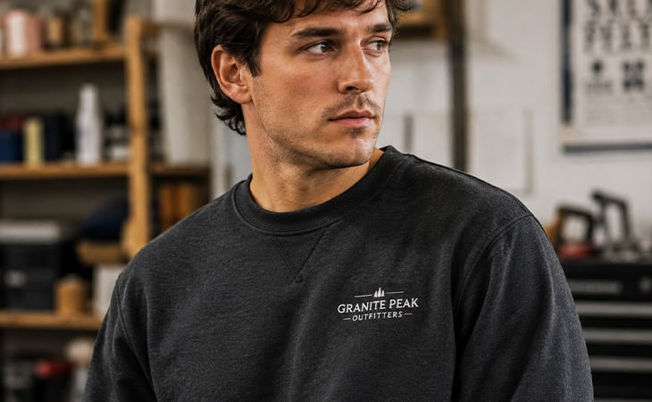 Employee wearing a charcoal custom embroidered crewneck sweatshirt in a workshop