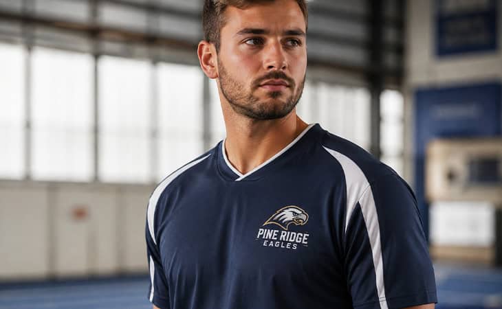 Athlete wearing a custom printed navy team jersey in an indoor training facility