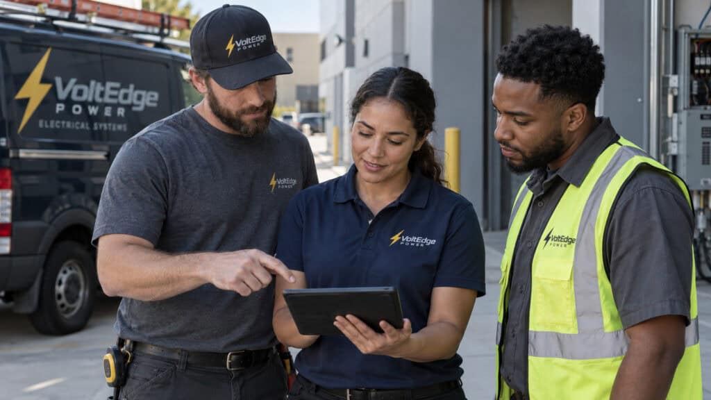 Electrical contractor team wearing professional electrician uniforms and branded workwear