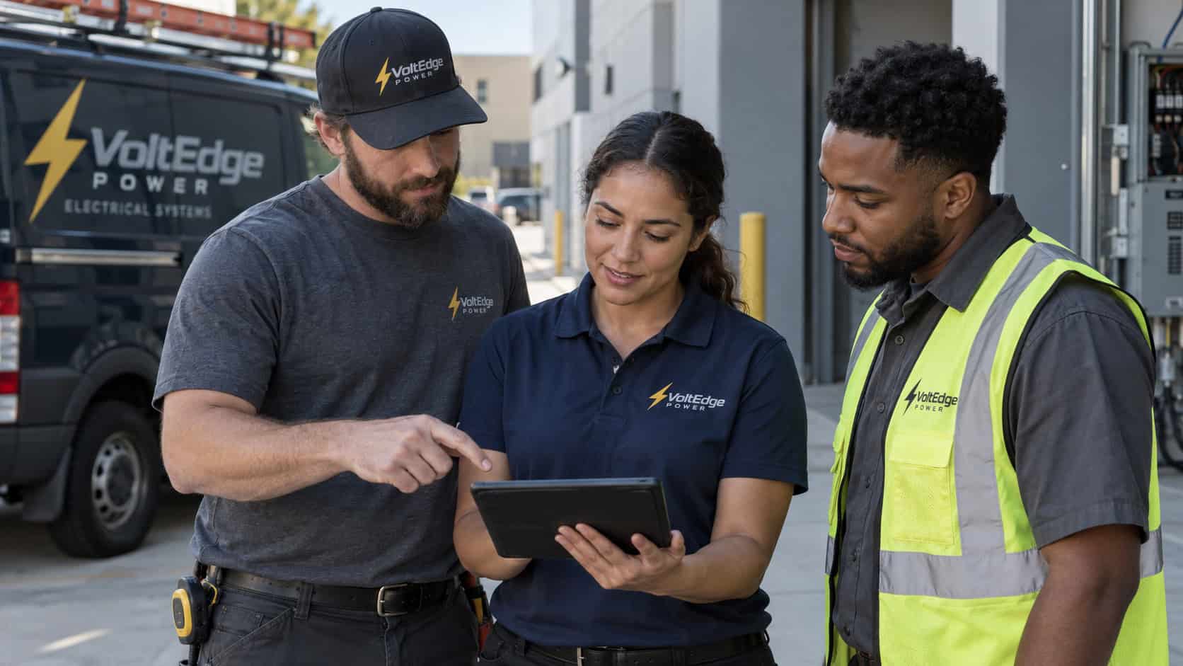 Electrical contractor team wearing professional electrician uniforms and branded workwear