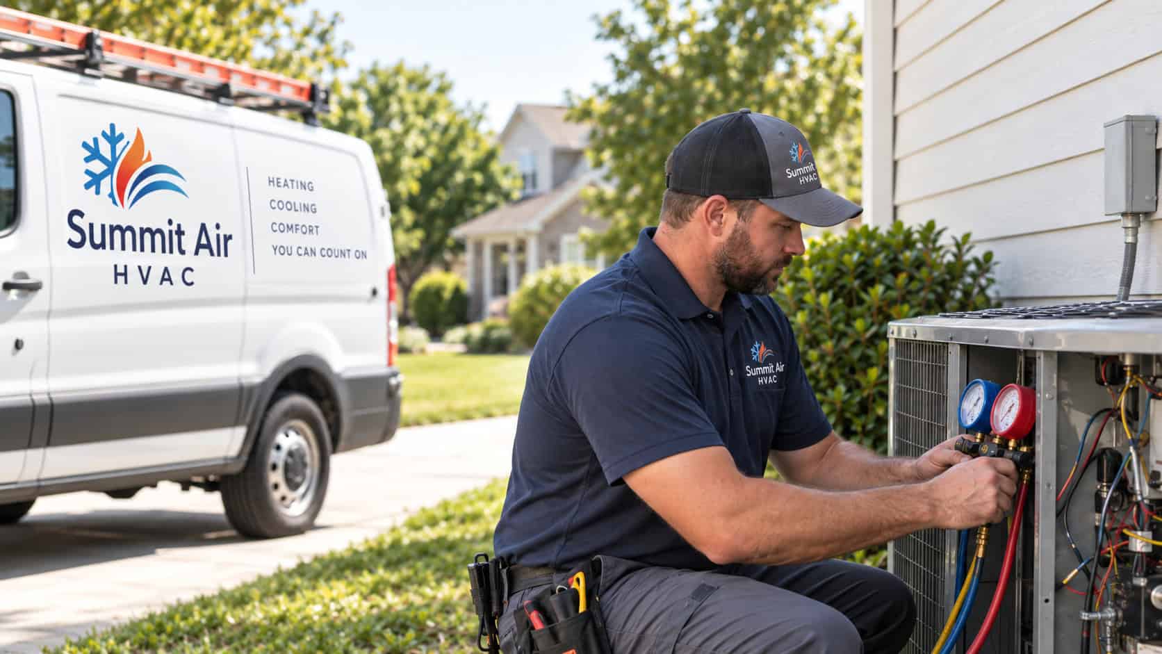 HVAC service technician wearing coordinated branded work polos and shirts beside residential air-conditioning equipment
