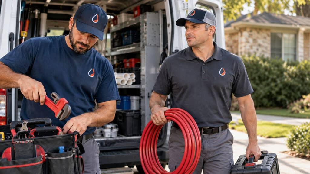 Plumbing service technicians wearing coordinated branded work shirts while preparing equipment beside a service van