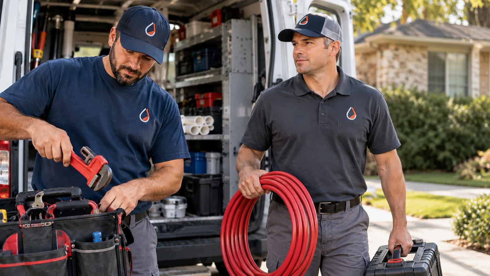 Plumbing service technicians wearing coordinated branded work shirts while preparing equipment beside a service van