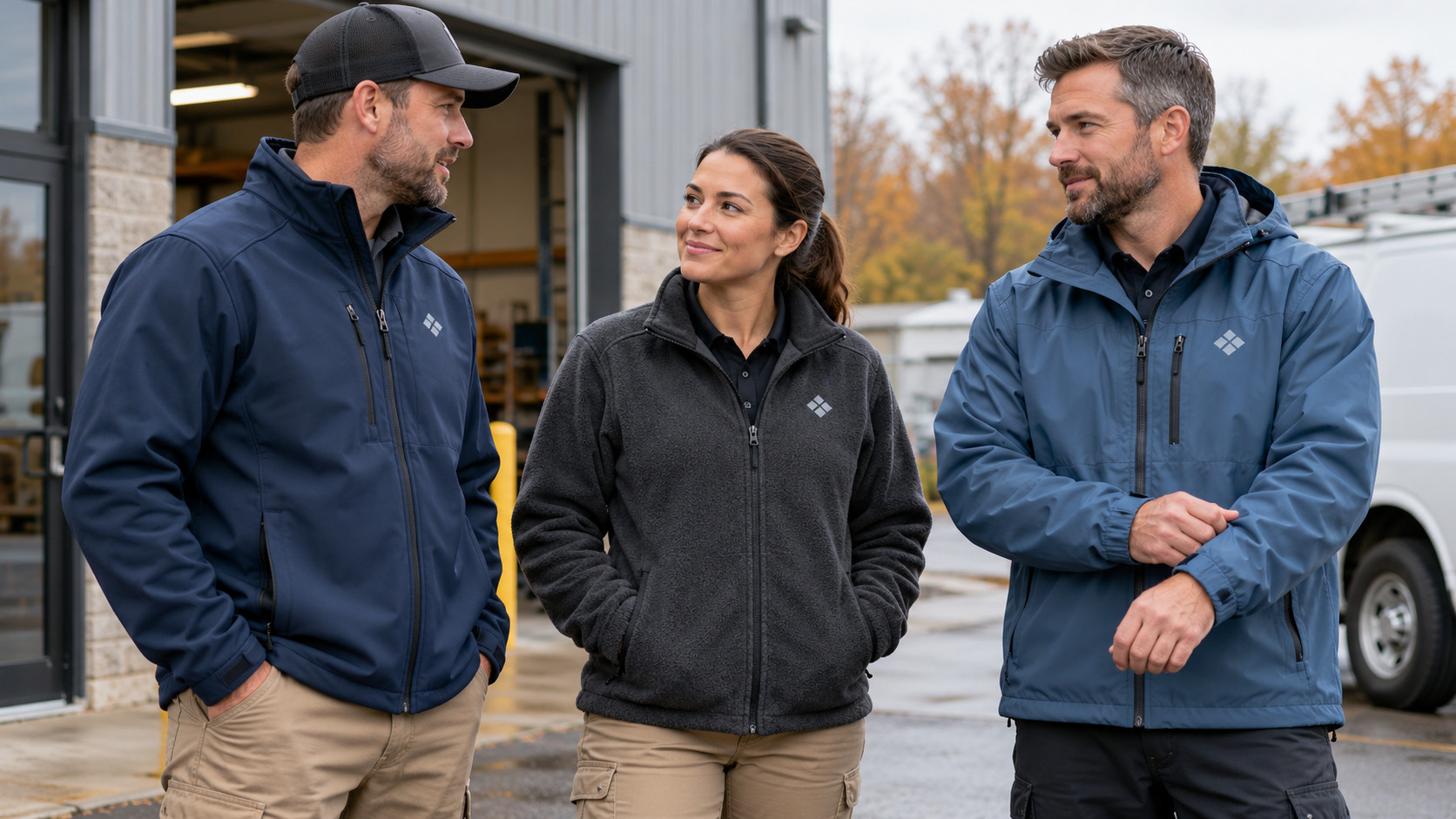 Three business employees wearing soft shell, fleece-lined, and rain jackets as examples of company outerwear uniforms.