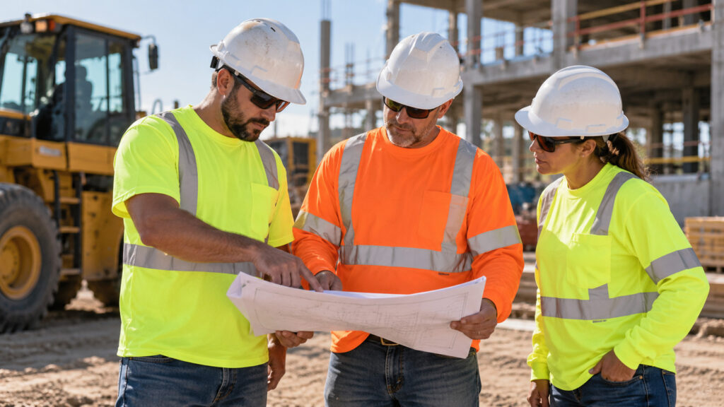 Construction workers wearing high-vis shirts and helmets reviewing plans on site.