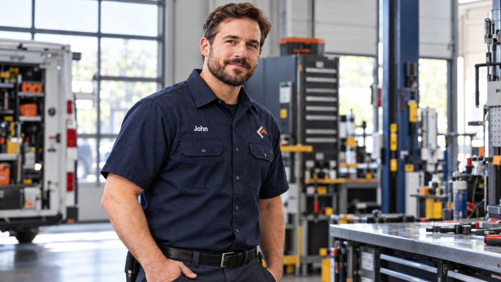 Male technician wearing navy work shirt with embroidery name John in a modern workshop.
