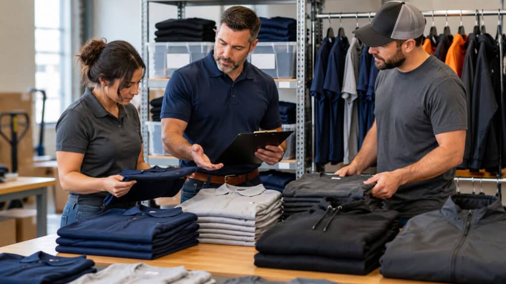 Business manager reviewing employee uniform quantities with branded work shirts, polos, and outerwear for a company team
