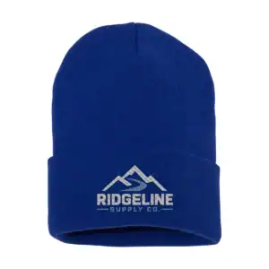 Blue knitted beanie hat for winter branding and customization.