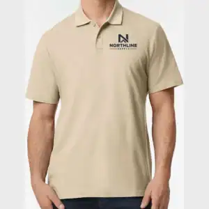 White Custom Embroidered Polo Shirt – Gildan Softstyle® Adult Pique Polo 64800 shown on model