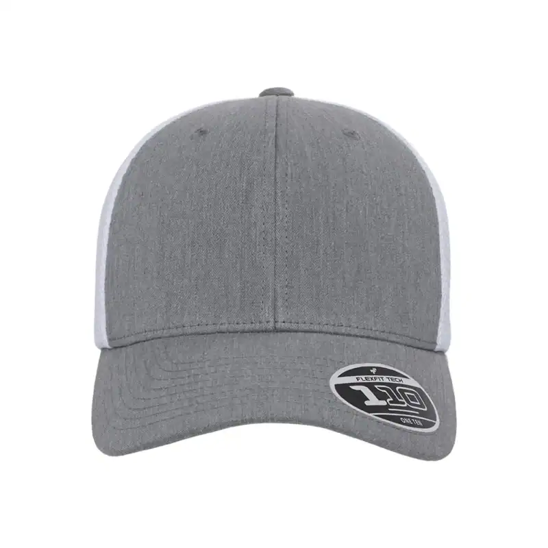 Heather Grey/ White Custom Flexfit Snapback Hat – Flexfit 110 Trucker with Mesh Back and Adjustable Fit