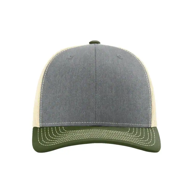 Heather Grey/ Birch/ Army Olive Custom Richardson 112 Trucker Hat – Embroidered Logo Snapback Cap | Mesh Back