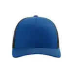 Blue and black mesh back trucker hat with curved brim.