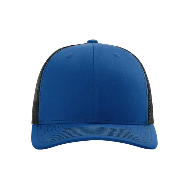 Blue and black mesh back trucker hat with curved brim.
