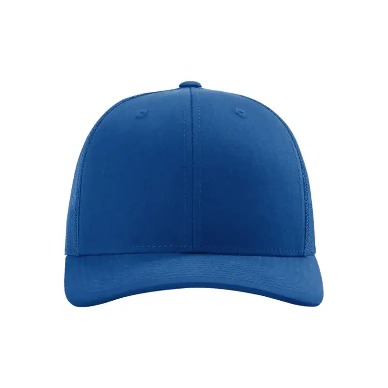 Blue Richardson 112 trucker hat with mesh back and embroidered logo.