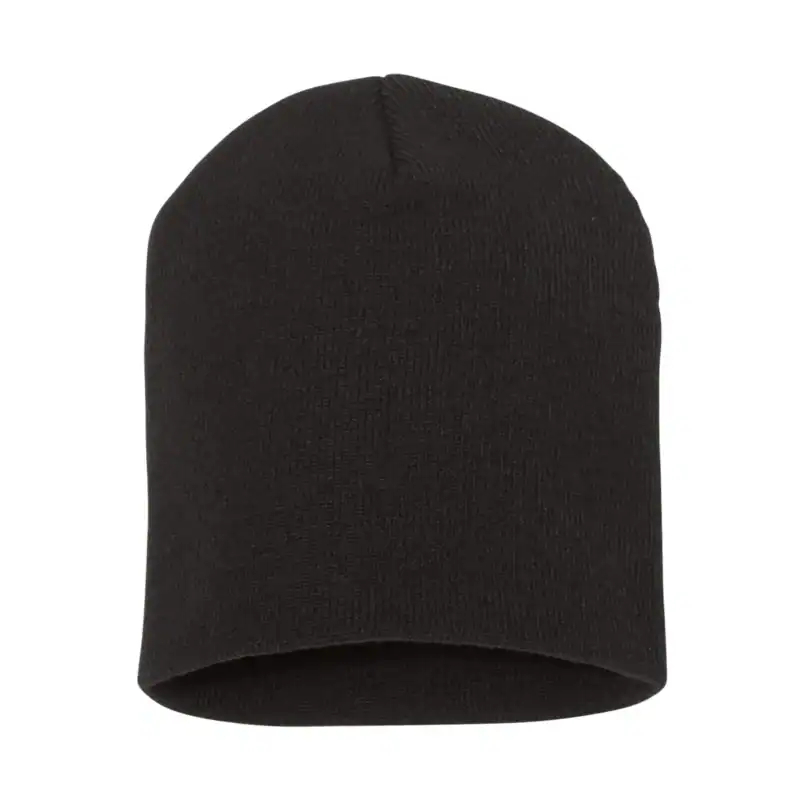 Custom Embroidered Short Beanie – Yupoong 8.5" Hypoallergenic Winter Hat – Black Color Image Black Custom Embroidered Short Beanie – Yupoong 8.5" Hypoallergenic Winter Hat