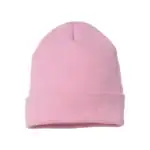 Pink embroidered beanie hat for winter branding and customization.