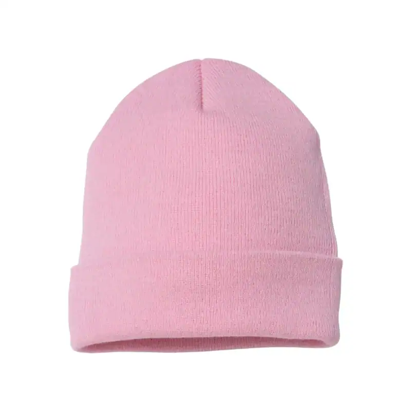 Pink embroidered beanie hat for winter branding and customization.