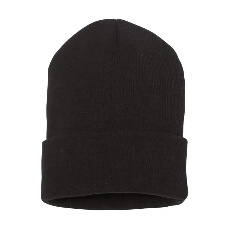 Black knit beanie hat for winter branding and customization.