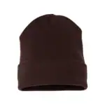 Brown knit beanie hat for winter branding and customization.