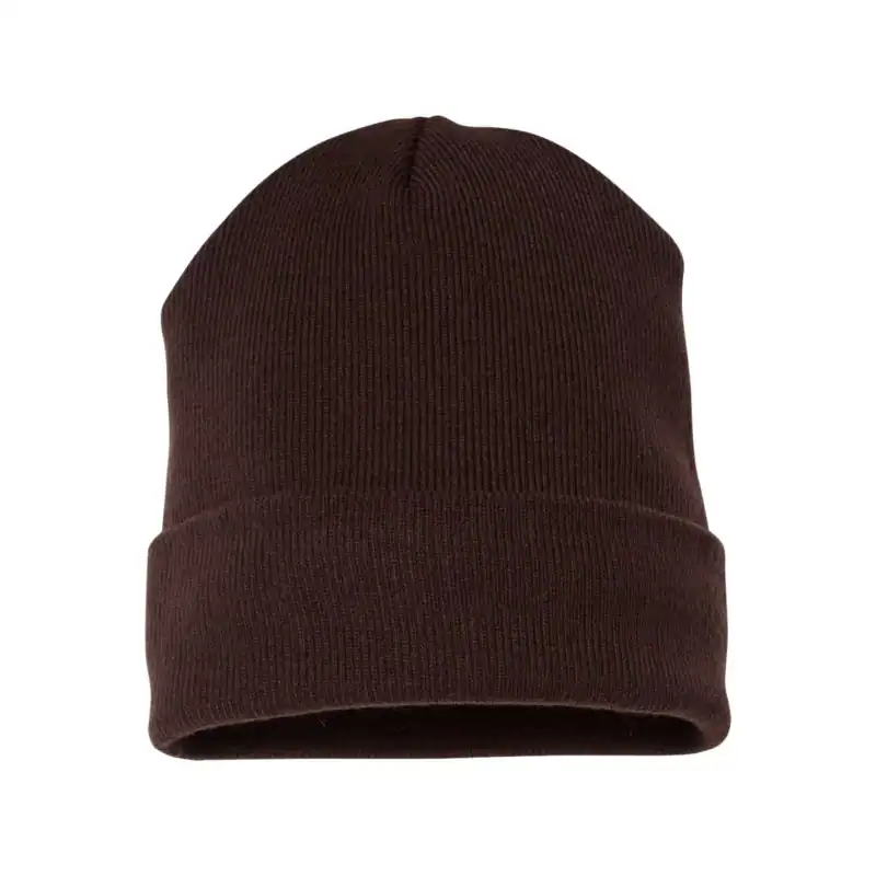 Brown knit beanie hat for winter branding and customization.
