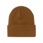 Brown knitted beanie hat for winter branding and customization.
