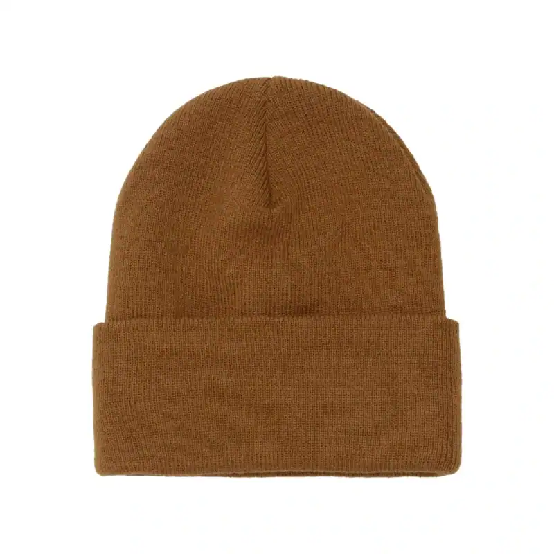 Brown knitted beanie hat for winter branding and customization.
