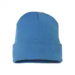 Blue embroidered beanie hat for winter branding and customization.