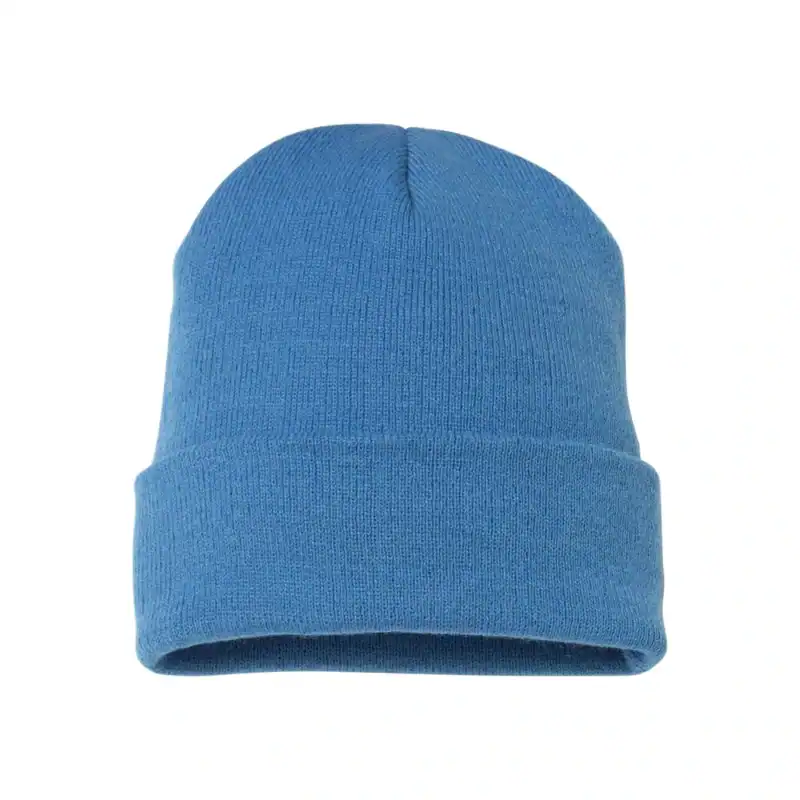 Blue embroidered beanie hat for winter branding and customization.
