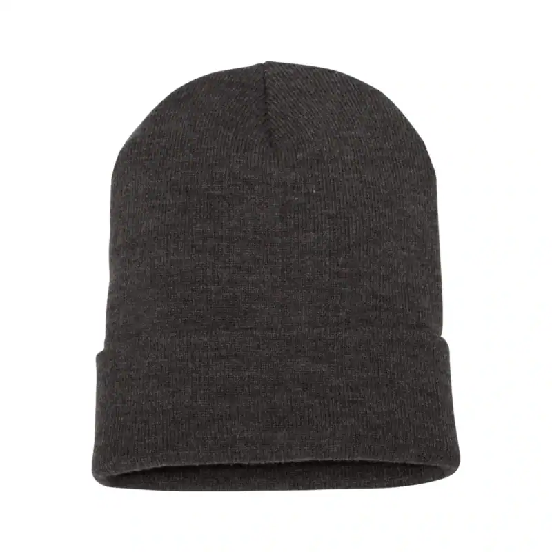 Dark gray Yupoong cuffed knit beanie for winter branding.