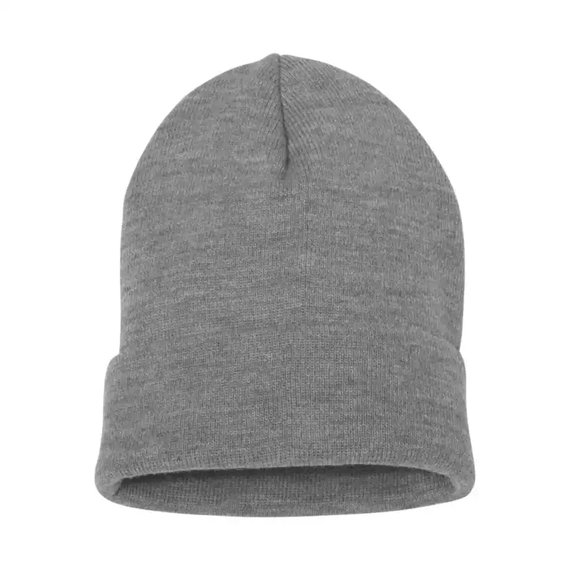 Gray knit beanie hat for winter branding and customization.
