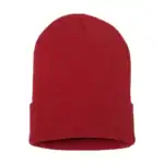 Red knit beanie hat for winter branding and customization.