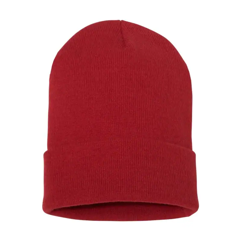 Red knit beanie hat for winter branding and customization.
