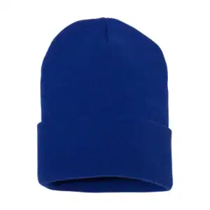 Blue knitted beanie hat for winter branding and customization.
