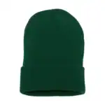 Green embroidered beanie hat for winter branding and customization.