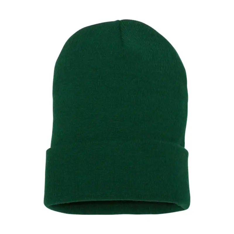 Green embroidered beanie hat for winter branding and customization.
