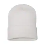 White embroidered beanie hat for winter branding and customization.