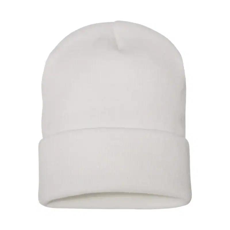 White embroidered beanie hat for winter branding and customization.