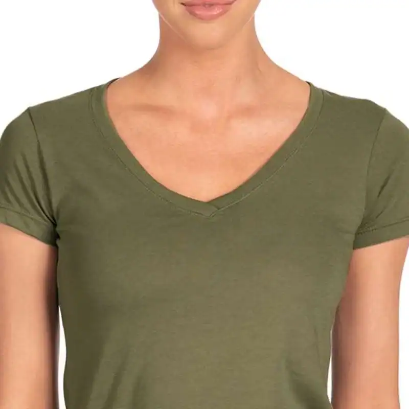Military Green Custom Women’s V-Neck T-Shirt – Next Level 1540 shown on model