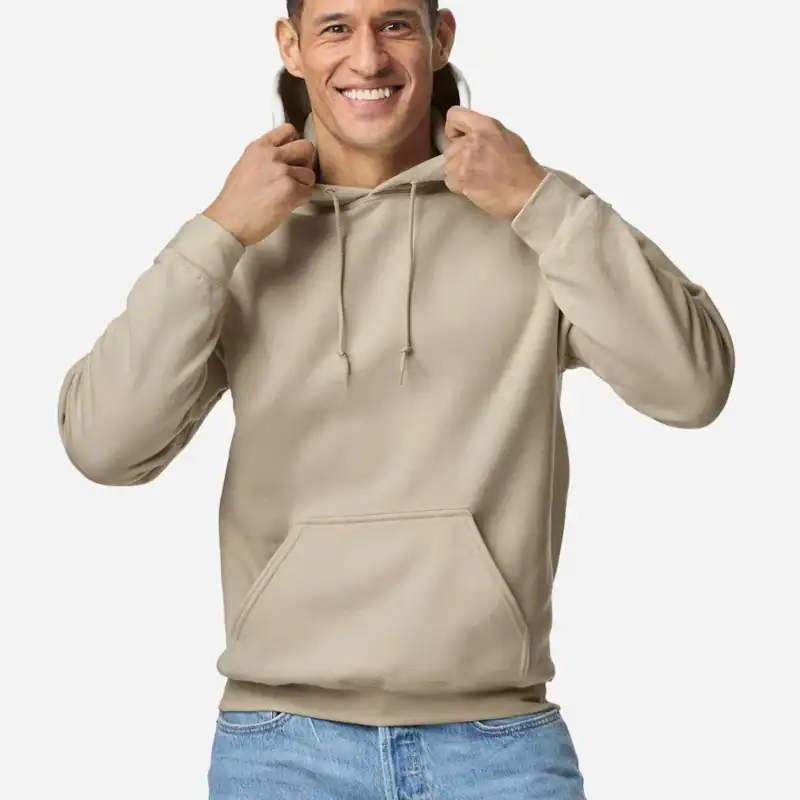 Sand Custom Gildan Hoodie – Heavy Blend 18500 Pullover Sweatshirt shown on model