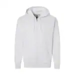 White full-zip hoodie with drawstrings and front pockets for customization.