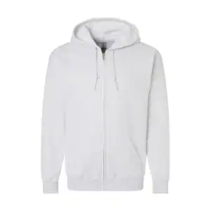 White full-zip hoodie with drawstrings and front pockets for customization.