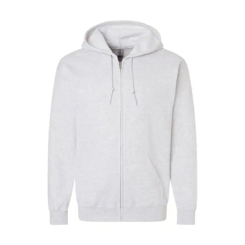 Custom Gildan 18600 Full-Zip Hoodie – Custom Logo Team Apparel – Ash Color Image White full-zip hoodie with drawstrings and front pockets for customization.