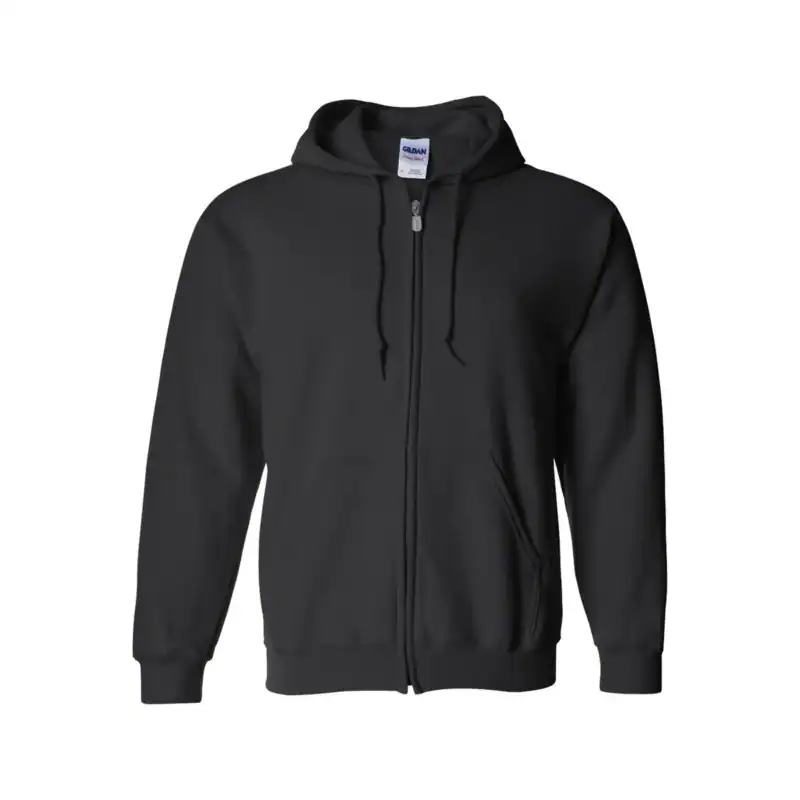 Black full-zip hoodie with drawstring hood and front pockets for casual wear.