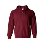 Maroon full-zip hoodie with front pockets and drawstring hood.
